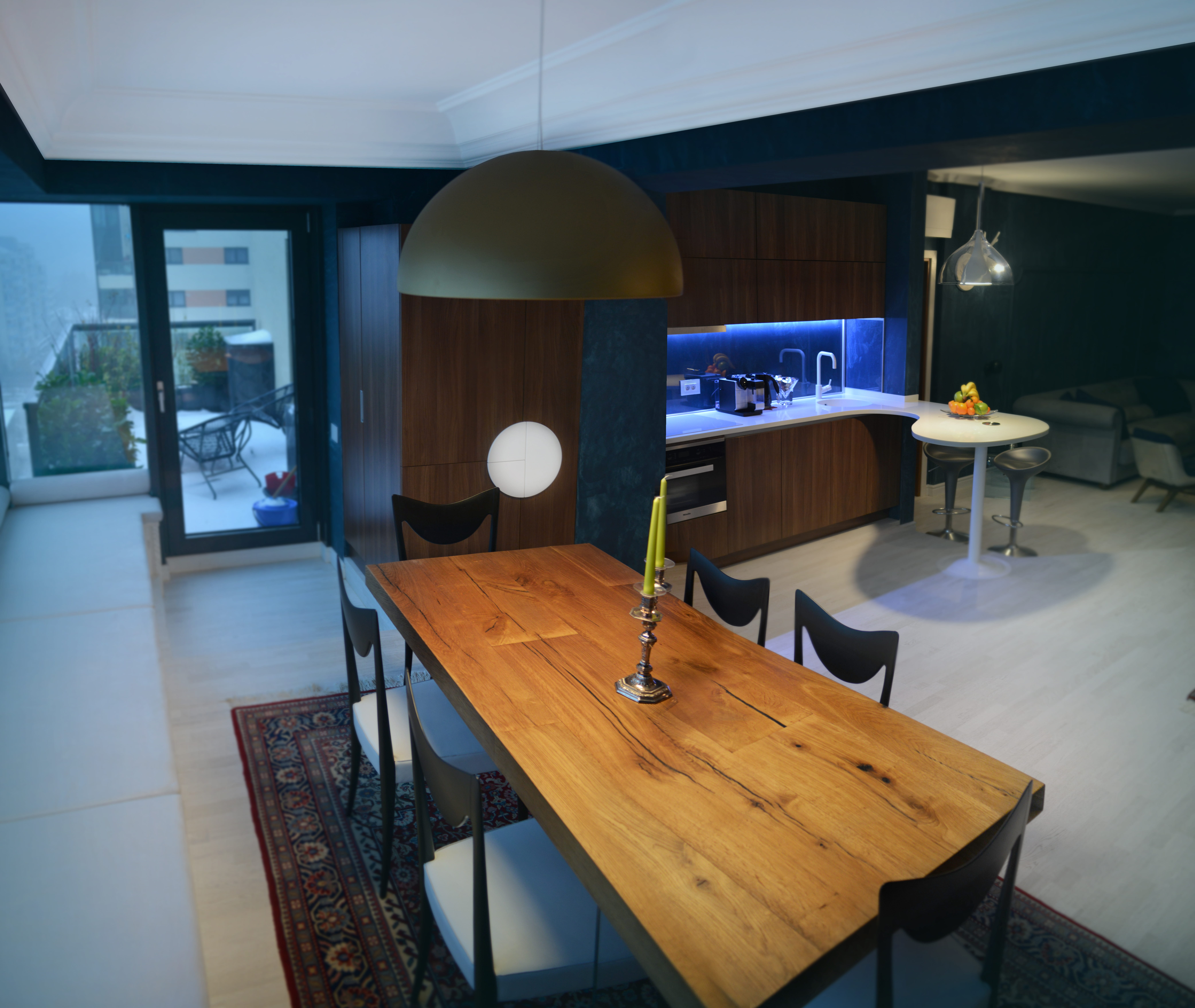 Bucharest Apartment — Dining and living continuity