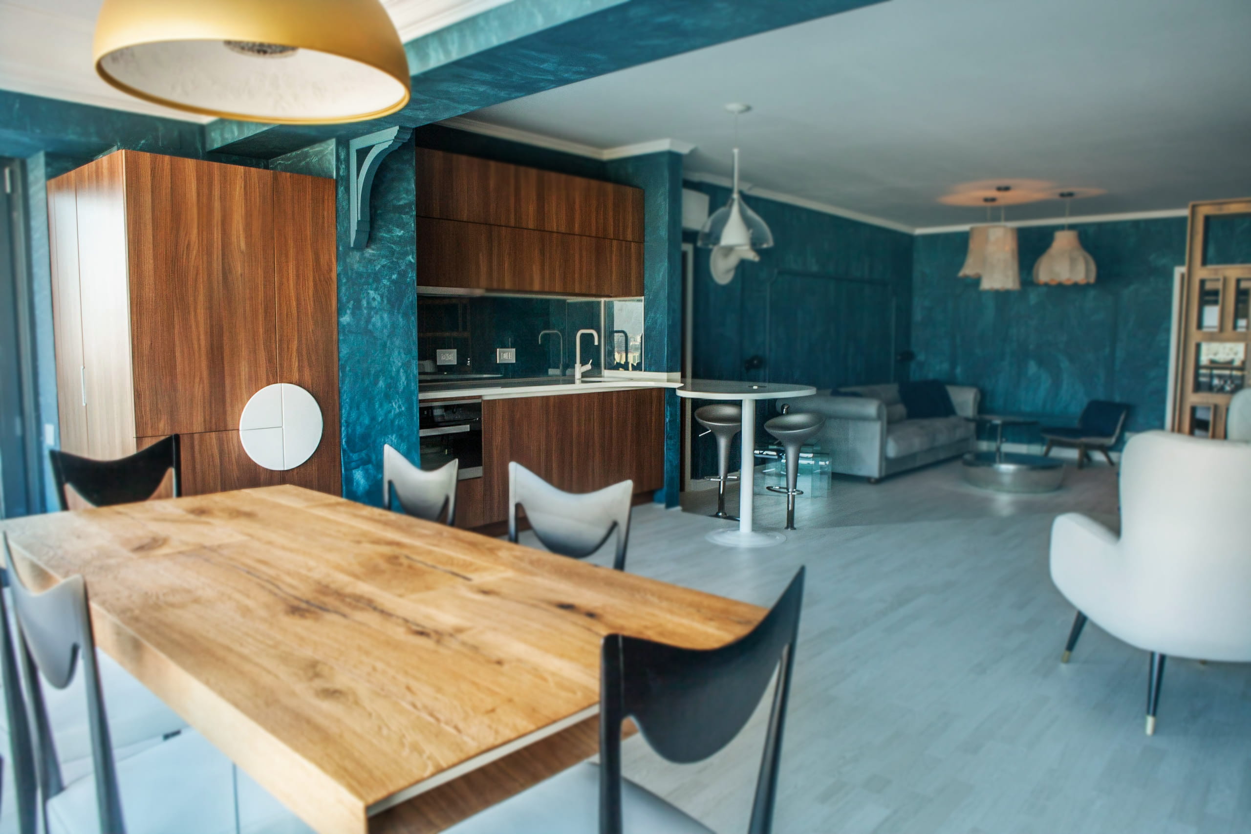 Bucharest Apartment — Kitchen–dining–living sequence