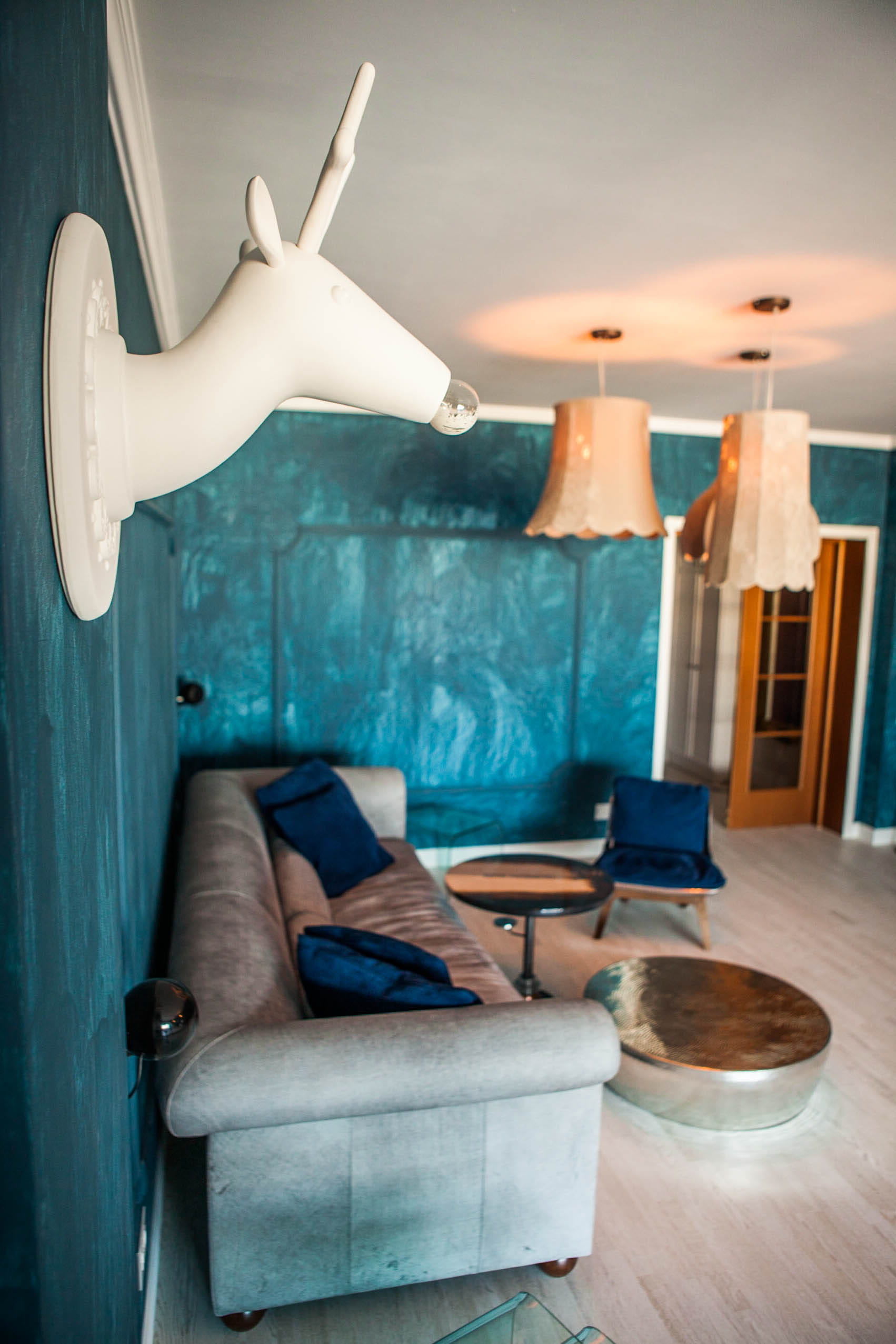 Bucharest Apartment — Blue table and Baxter armchair