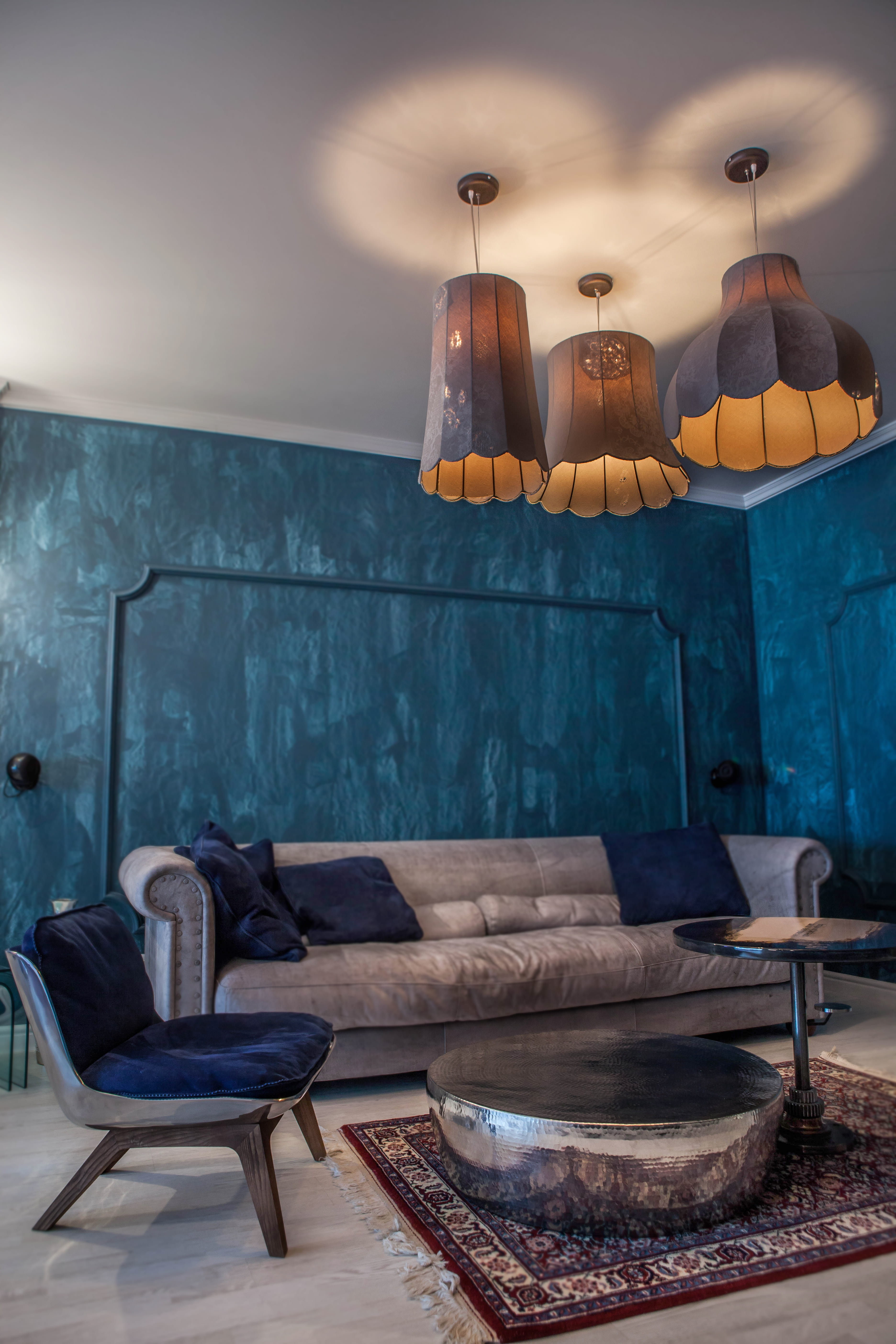 Bucharest Apartment — Living room with layered lighting