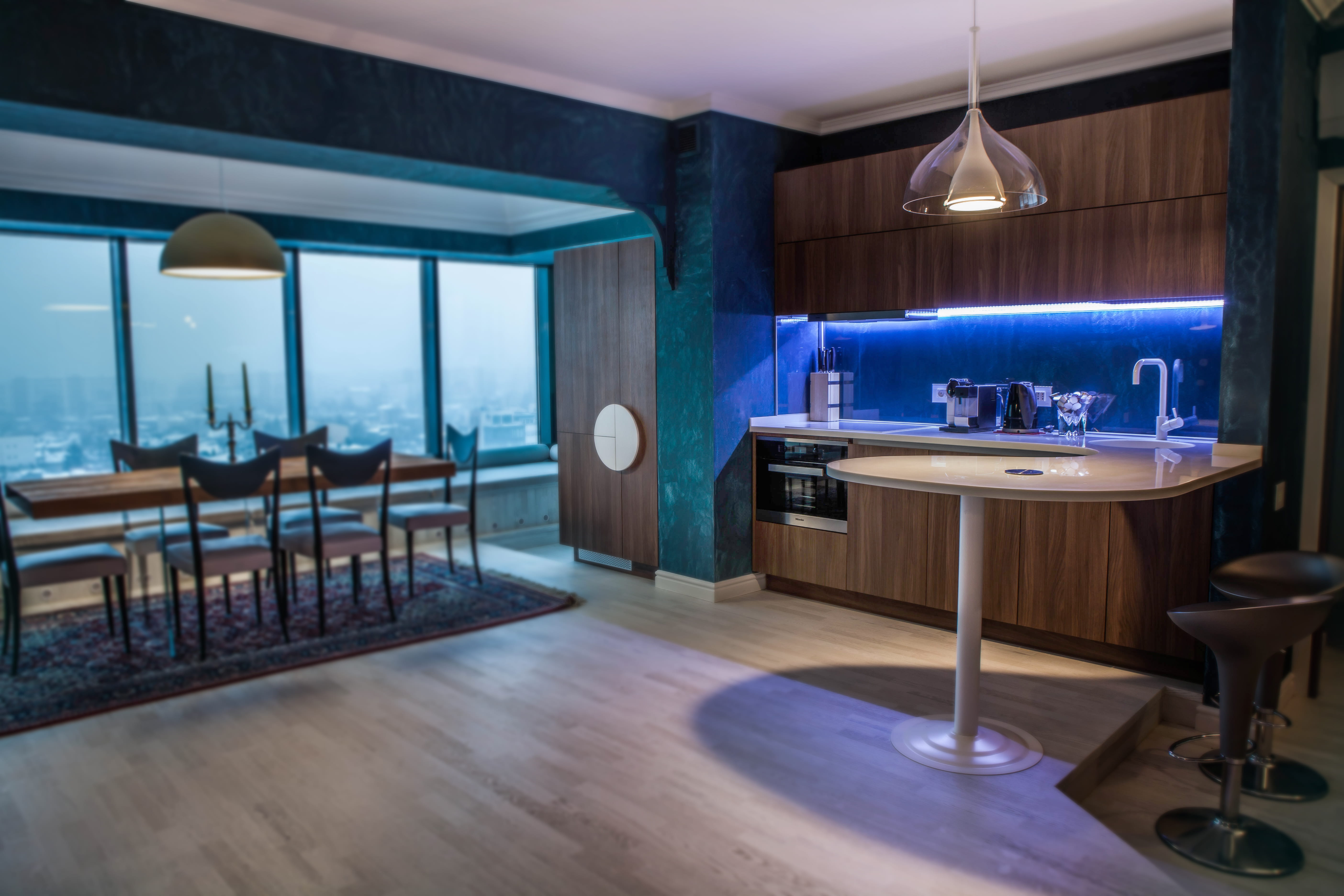 Bucharest Apartment — Kitchen island and night atmosphere