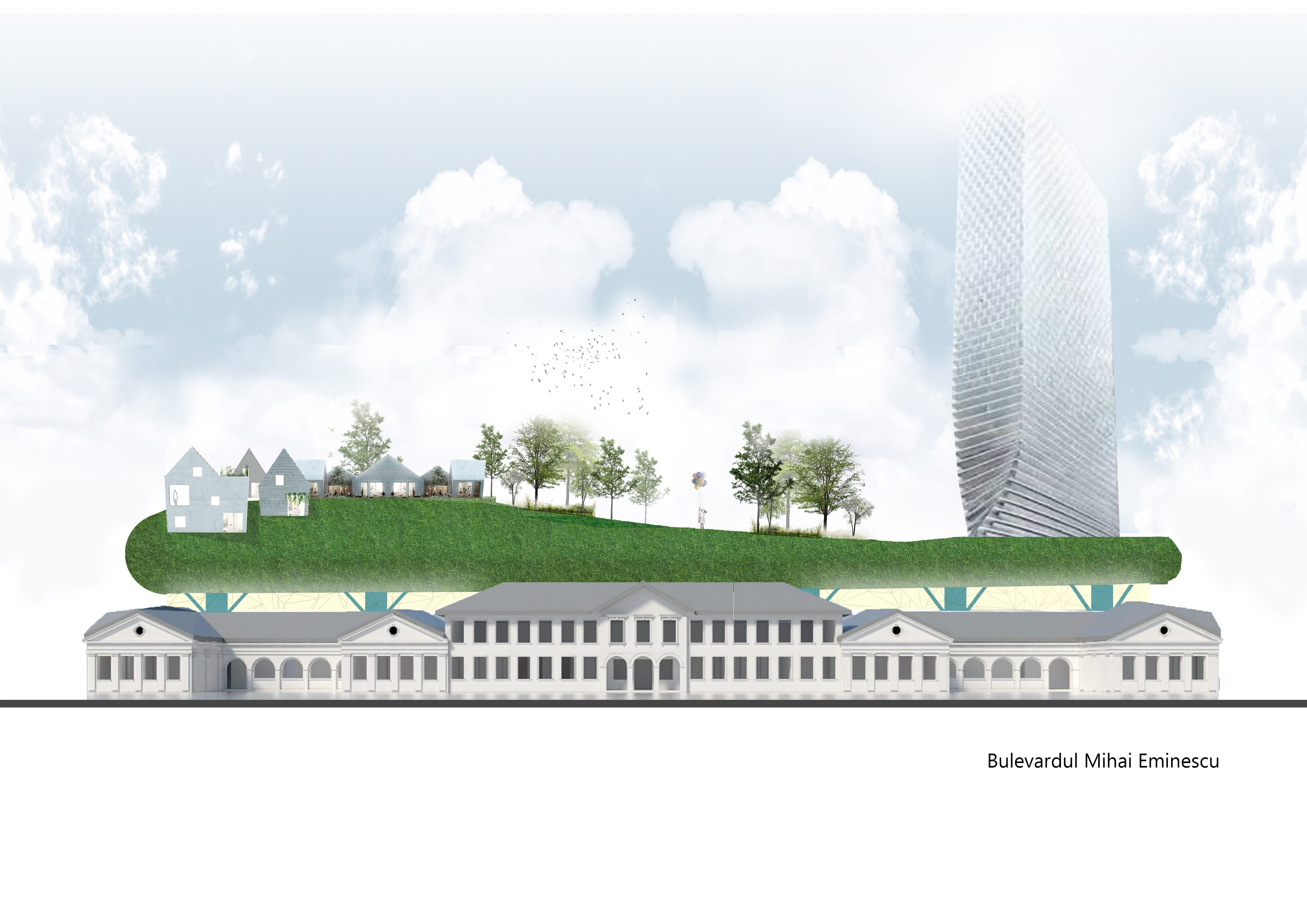 Timișoara Solution 03 — The suspended commercial body, green zeppelin